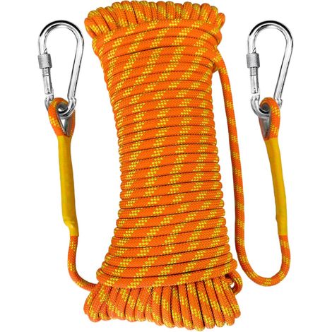 1 Corde escalade statique, 12mm, Orange réfléchissante, 2 mousquetons acier, pour travaux hauteur et sauvetage