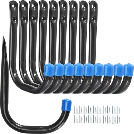 Lot de 10 Crochet Mural Acier Noir J, Robuste 25kg, Pour Garage Outils Vélos (1/5)
