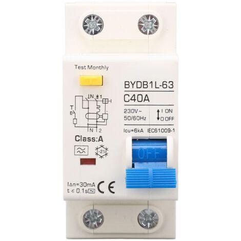 Disjoncteur unipolaire 40A 30mA – Protection contre les fuites Type A – Tension AC 230V – Matériau PA66 résistant à l'usure (1/5)