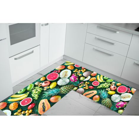 Set di 2 tappeti da cucina antiscivolo e lavabili in lavatrice passatoia multiuso Frutta Foglie - 50x60+50x120