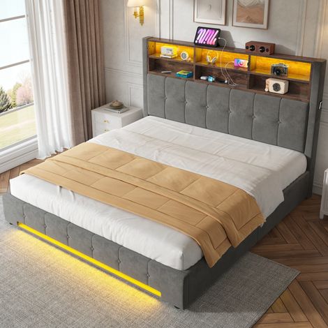 Cama con almacenaje 180x200 cm gris oscuro de terciopelo y metal con LED, USB-C y cabecero con estantes (1/5)