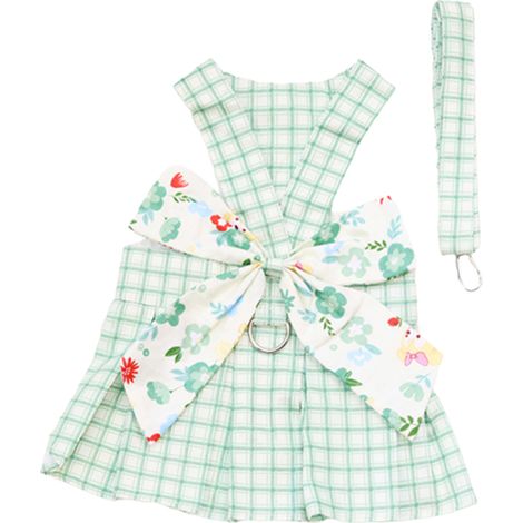 Robe à carreaux pour chien, ensemble harnais et laisse pour petits et moyens chiens, chats et filles (vert)