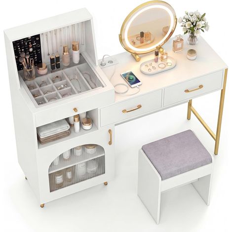 COSTWAY Set Toletta da Trucco con Luci, Tavolo Trucco 3 Modalità di Illuminazione,Sgabello