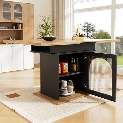 Table de cuisine extensible 140x80cm, table à manger avec 3 étagères de rangement, gain de place, table coulissante pour salon et salle à manger, teinte naturelle et noir