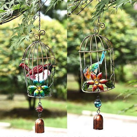 Lot de 2 carillons à vent vintage en forme de cage à oiseaux, clochettes de porte, ornements de jardin et de fenêtre (1/4)