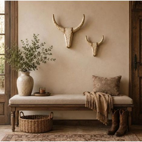 New Retro Distressed Long Horn Wall Sculpture Home Decor - Vintage Style - 2014cm