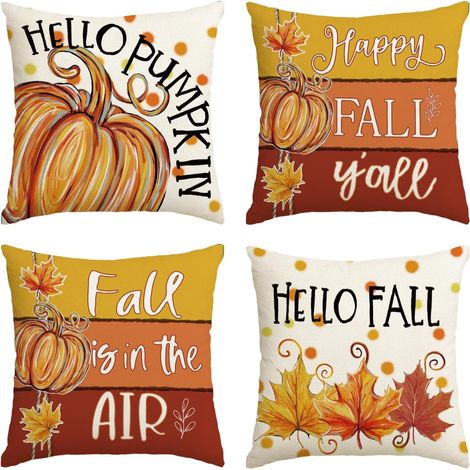 Fundas de almohada con estampado de calabazas otoñales y lunares, 45 x 45 cm, juego de 4, decoración para Acción de Gracias, aptas para sofás y bancos. (1/5)