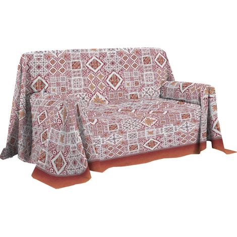 Housse de canapé 250 x 290 cm, Drap Housse 100% Coton Pur, Motif faïence Rouge, Drap d'ameublement, protège-canapé ou Couvre-lit d'été 2 Places (1/5)