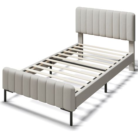 Cama individual tapizada 90 x 200 cm con somier de láminas y cabecero regulable, lino gris beige (1/5)