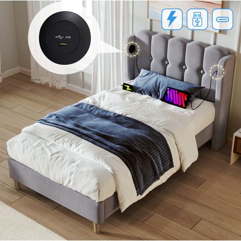 Einzelbett 90x200 cm Mit Gepolstertem Kopfteil In Grauem Leinen (1/5)