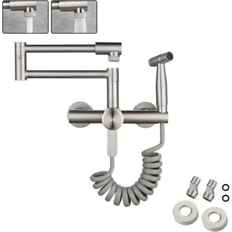 – Robinet mural de cuisine en acier inoxydable 304 – Pistolet de pulvérisation – 2 jets d'eau – Rotation 360° – Installation facile 13CM-17CM (1/5)