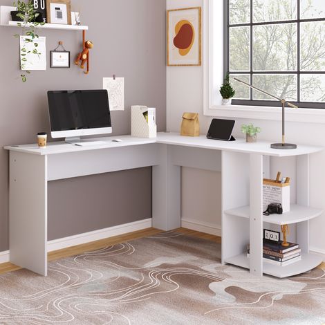 Bureau d'angle en L 140 x 140 x 75 cm avec rangement, blanc HAVRYA (1/5)