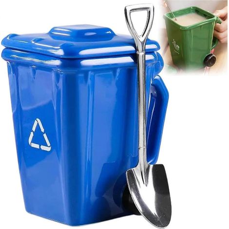 Mug Poubelle à café en céramique 414 ml avec cuillère-pelle mug fantaisie de recyclage amusant pour bureau bleu (1/5)
