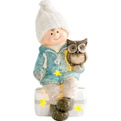 Weihnachtsfigur MagicHome, Junge auf Hocker mit Eule, 1 LED, Polyresin, 10,5x10,5x19,5 cm (1/2)