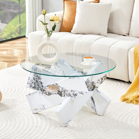 Couchtisch rund aus MDF und Glas transparent weiß in Marmoroptik Ø 79 cm