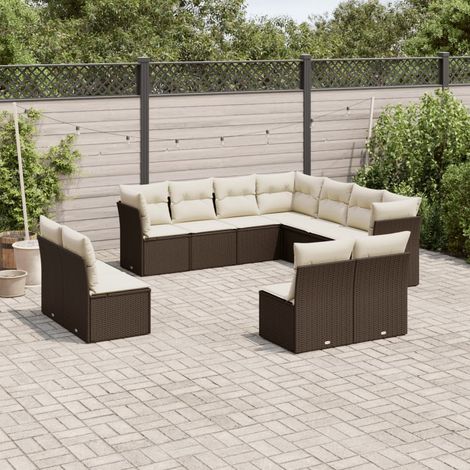 11-tlg. Garten-Sofagarnitur mit Kissen Braun Poly Rattan (1/3)