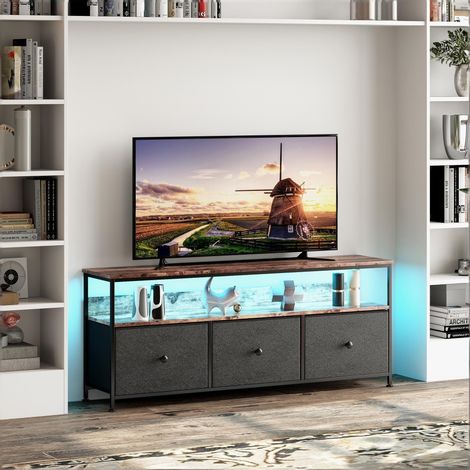 Meuble TV,Meuble TV LED,Meuble TV haut,3 Tiroirs de rangement pratique,avec LED,137×30×57 cm,panneau de particules et acier,Noir (1/5)