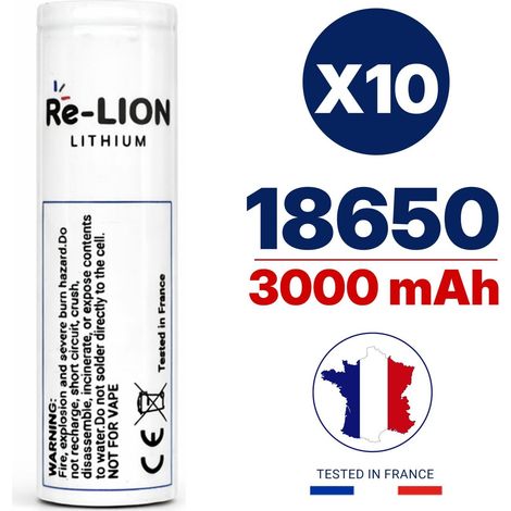 X10 Batteries lithium-ion 18650 - 3000 mAh / 6A reconditionnée, testée et qualifiée en France. Piles rechargeables haute capacité. (1/5)