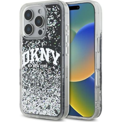 Custodia rigida dkny con glitter liquido e logo ad arco per iPhone 16 Pro. (1/5)