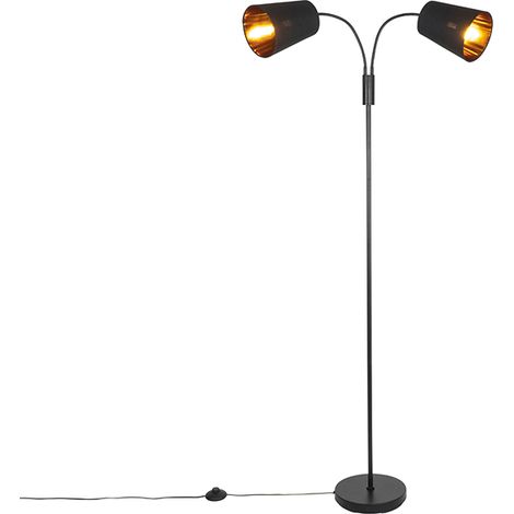 Qazqa – Lampadaire moderne noir 2 lumières H 160 cm – Abat-jour doré pour éclairage chaleureux – E14 jusqu'à 50W – Idéal pour salon, chambre, cuisine