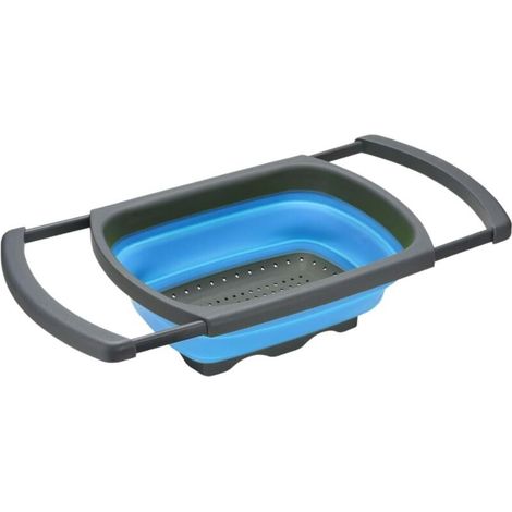 Égouttoir pliable en silicone avec poignée rétractable, idéal pour ranger pâtes, légumes et fruits au-dessus de l'évier - Bleu