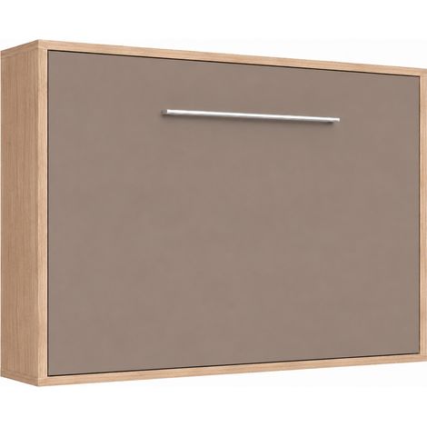 Lit escamotable horizontal avec étagères intérieures BIBLO - Poignée acier brossé 89cm Chêne clair Sans matelas-140x190-Cadre Chêne clair-Façade Taupe (1/5)