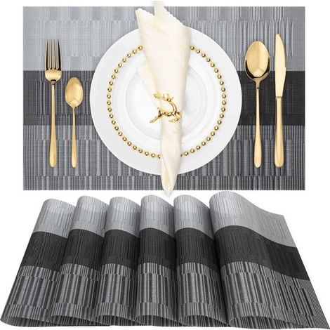 Lot de 6 sets de table tissés 30 x 45 cm, antidérapants, imperméables et résistants à l'huile, lavables, protection décorative pour table, motif noir (1/5)