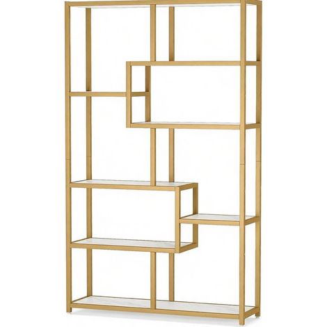 Libreria aperta con 8 ripiani, metallo dorato e bianco effetto marmo, 180 x 100 x 30 cm (1/5)