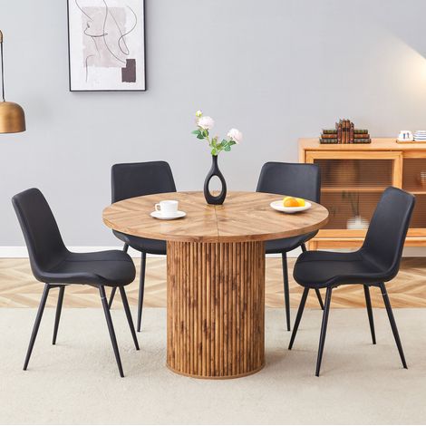Set sala da pranzo moderno: tavolo rotondo 100 cm in MDF effetto legno e 4 sedie nere PU (1/5)
