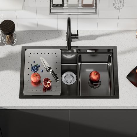 CECIPA MAX Fregadero de cocina de acero inoxidable de 70 x 44 cm, fregadero empotrado artesanal – diseño escalonado con escurridor y cubeta adicional, incluye desagüe, color antracita (1/5)