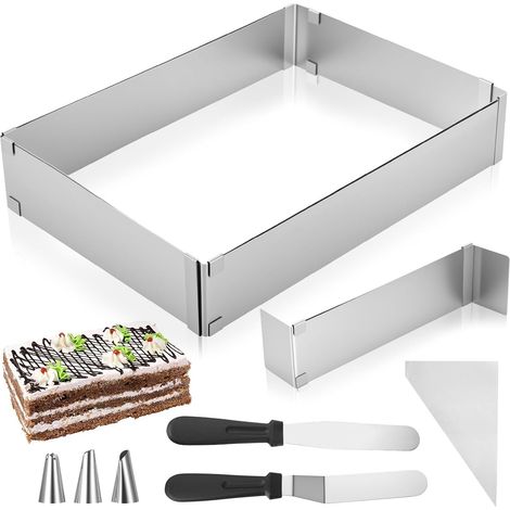 Adjustable Pastry Mould with Divider, Stainless Steel Rectangular Patisserie Frame, Rectangular Cake Mould, Baking Moulds for Cakes, Pizzas, Pies, with Accessories (1/5)