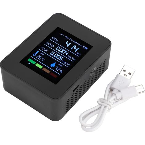 Détecteur de qualité de l'air portable CO2 TVOC HCHO Température d'humidité 5 en 1 Testeur de qualité de l'air intérieur multifonctionnel (Black) (1/5)