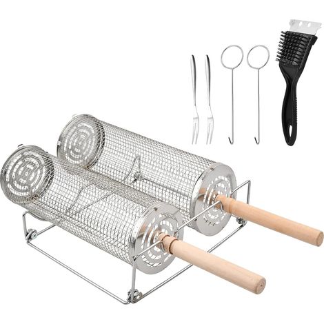2 x Barbecue Set 30 cm 29 cm, Upgrade Opening, Round Stainless Steel Barbecue Grill with 2 Removable Wooden Handles, 2 Hooks, 2 Forks, Brush, Brackets, Cooking Basket for Meat Accessories (1/5)