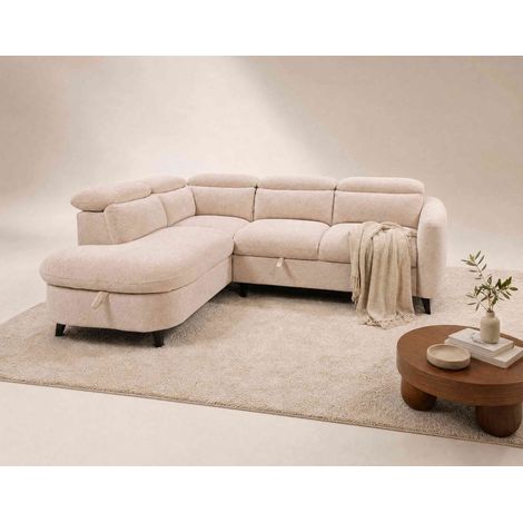 Opaline - canapé d'angle gauche 5 places convertible avec têtières et coffre en tissu texturé - beige (1/5)