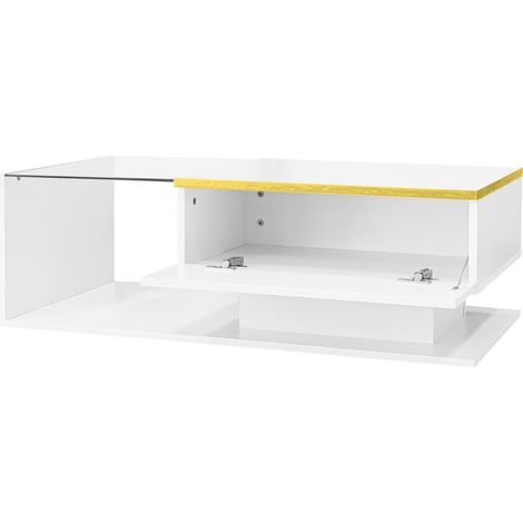 Tavolino da salotto bianco lucido 100 cm con vetro temperato e LED (1/5)