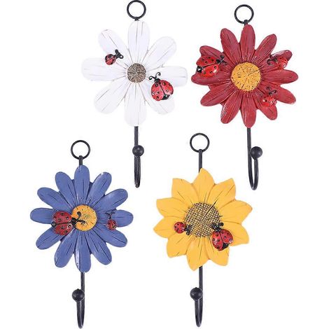 Crochets en fer forgé décorés de fleurs peintes en résine, lot de 4, pouvant être utilisés derrière des portes, des murs ou comme patères. (1/5)