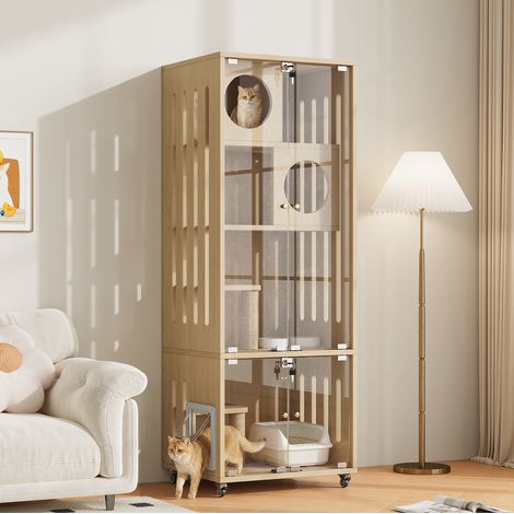 Casa para gatos con ruedas y puerta de cristal con cerradura, 60 x 50 x 156 cm DESVIAE (1/5)