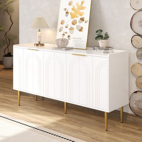 Weißer Wohnzimmer-Sideboard 140x38x75cm,geräumiger Stauraum mit 2 Ebenen,goldene Füße und dekorative Türen,Aufbewahrungsmöbel