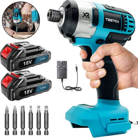 Cacciaviti a percussione, Trapano avvitatore a percussione senza spazzole per auto, velocità variabile con 6 punte per cacciavite+2 batterie da 3,0 A+caricabatterie, compatibile con batteria Makita