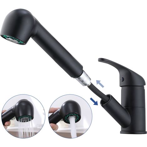 Robinet de Cuisine Bec Bas avec Douchette Extractible, Mitigeur Cuisine Noir Rotatif à 180°, Robinetterie d'Évier avec 2 Modes de Jet, en Acier Inox (1/5)