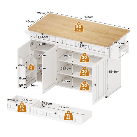 Îlot de cuisine avec plan de travail extensible rabattable — Doté de 6 roulettes verrouillables à la base  comprend des étagères, des rangements intégrés aux portes, 2 grands tiroirs et un placard de 