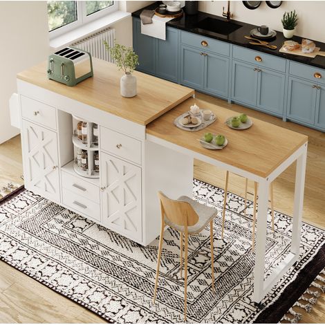 Mesa bar extensible 110-180x40x91 cm blanca en MDF con ruedas, cajones y estantes ajustables (1/5)