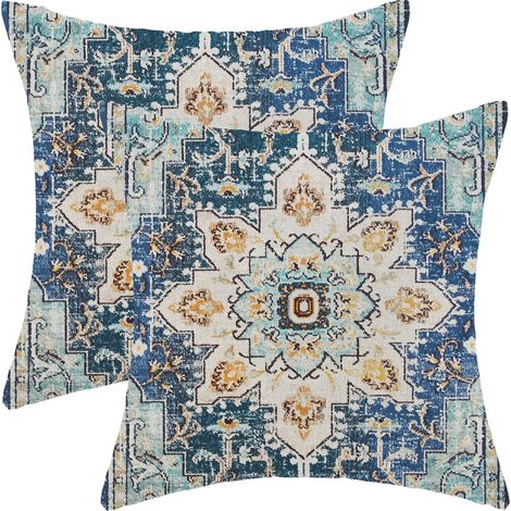 Lot de 2 Housses de Coussin décoratives carrées en Lin à Motif Ethnique bohème pour décoration extérieure et extérieur Motif Tapis Ethnique Bleu et Jaune 45,7 x 45,7 cm (1/5)