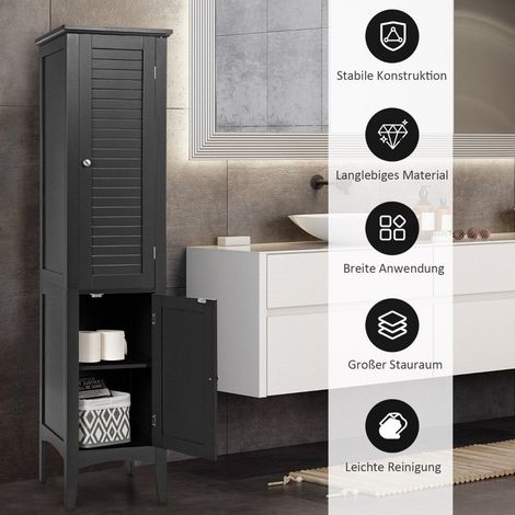 Mobiletto da bagno con 5 scomparti e 2 ante a persiana e ripiani e dispositivo antiribaltamento Mobiletto alto stretto Nero (1/5)