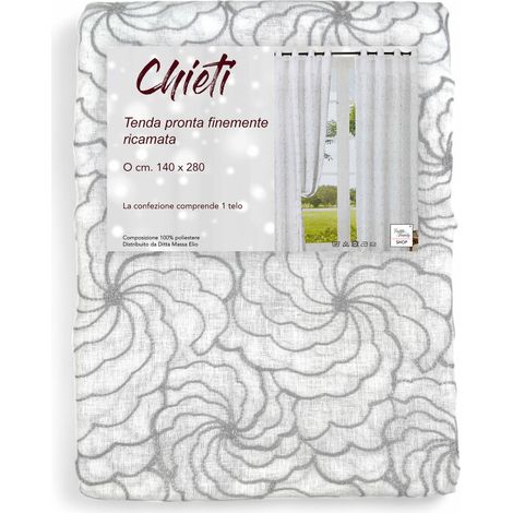 Tenda Chieti Ricamata con Anelli - 140x280 cm Tessuto Grigio - Elegante Motivo Floreale, Pronta all'Uso