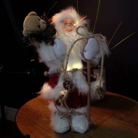 30cm Battery Operated Red Standing Light up Santa Claus with Brown Woven Sack (1/5)