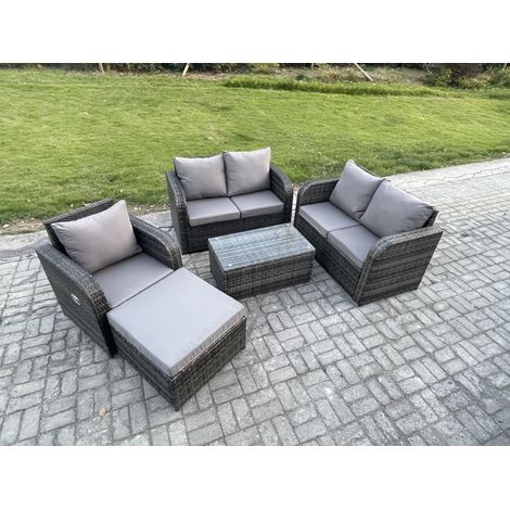 Fimous Salon de jardin en rotin avec Love Sofa Table basse rectangulaire grand tabouret Mélange gris foncé (1/5)