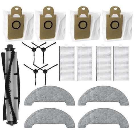 Pièces de rechange et accessoires pour robot de nettoyage Blaupunkt Bluebot Comfort Plus : brosse principale, filtre HEPA, chiffon de nettoyage et sac à poussière.