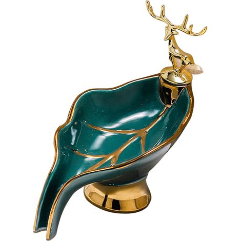 Dekorative Seifenschale aus Keramik mit grünen Blättern und goldenem Hirschmotiv Modern, selbstentleerend, 19 cm, Geschenkidee für Zuhause
