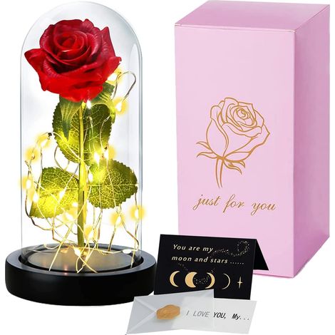 Rose Éternelle Sous Cloche, La Belle Et La Bête Avec Carte de Vœux, Abat-Jour en Verre LED, Cadeau de Vacances Pour Femme/Maman/Mère/Mamie/Petite Amie (1/5)